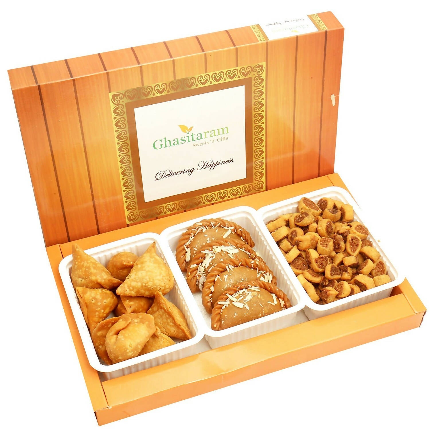 Ghasitaram Holi Hampers: Gujiya, Farsan Samosa and Bhakar Wadi hamper | Swadesiicart