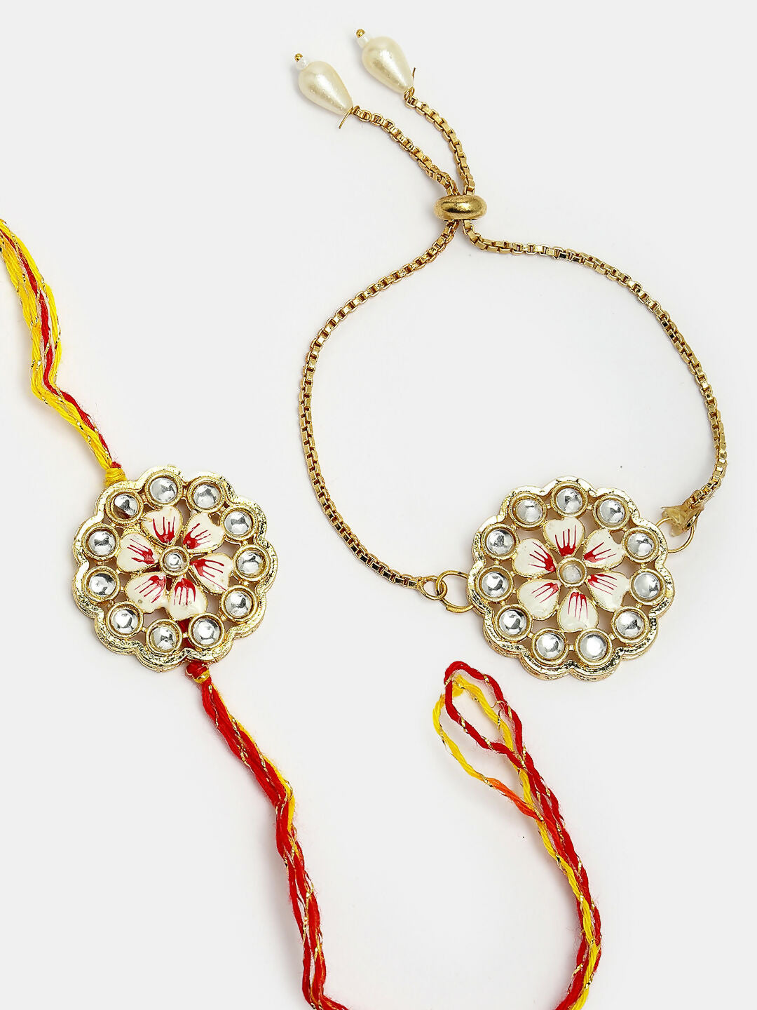 NVR Women & Men Set of 2 Gold Kundan-Studded Bhaiya Bhabhi Rakhi Set With Roli Chawal | Swadesiicart