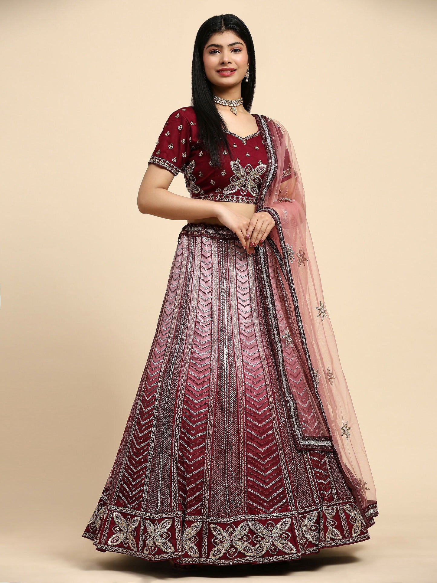 Maroon Fancy Net Sequence Embroidered Lehenga Choli with Dupatta - Dhara | Swadesiicart