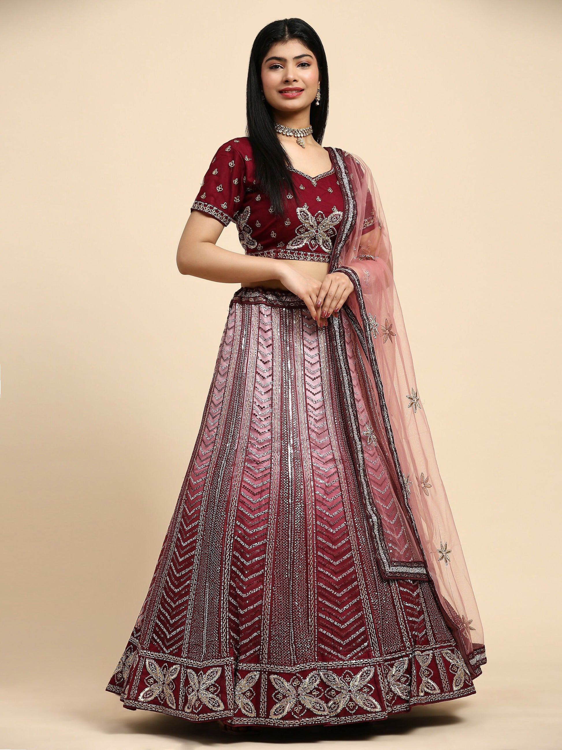 Maroon Fancy Net Sequence Embroidered Lehenga Choli with Dupatta - Dhara | Swadesiicart
