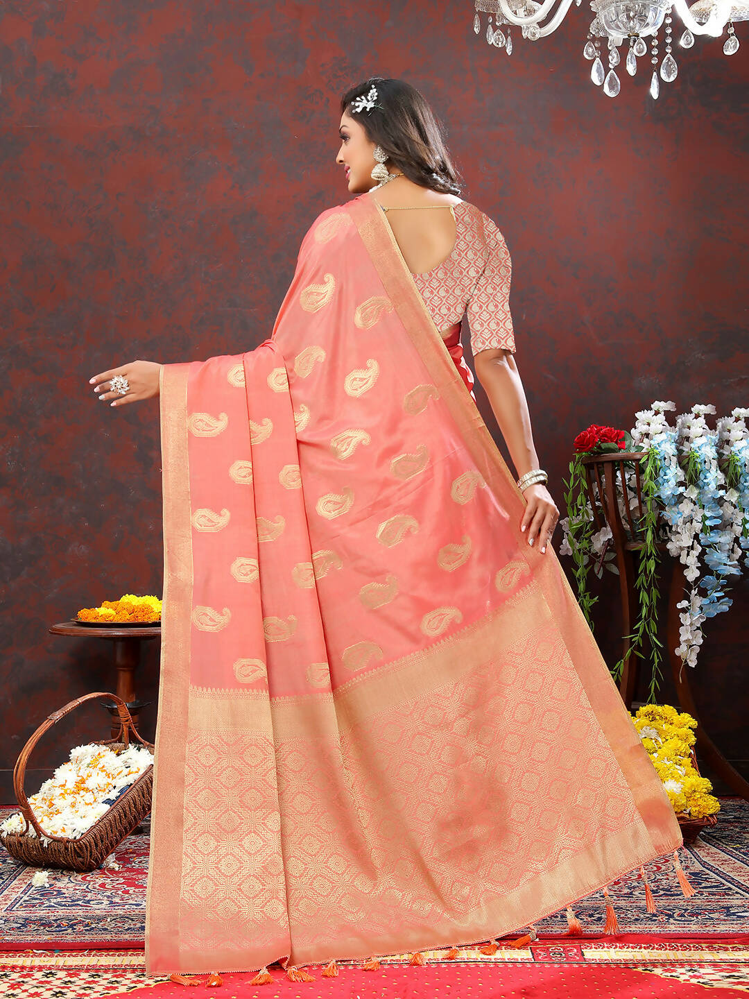 Lorenvalley Fashion Peach Cotton Woven Design with Zari Weaving Design Saree - Swadesiicart