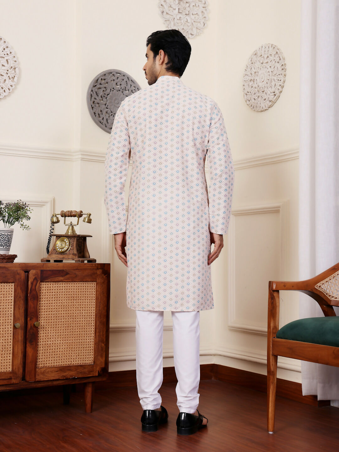 Off White Viscose Chikankari Embroidery Work Men's Rajwadi Kurta Set - Mahotsav | Swadesiicart