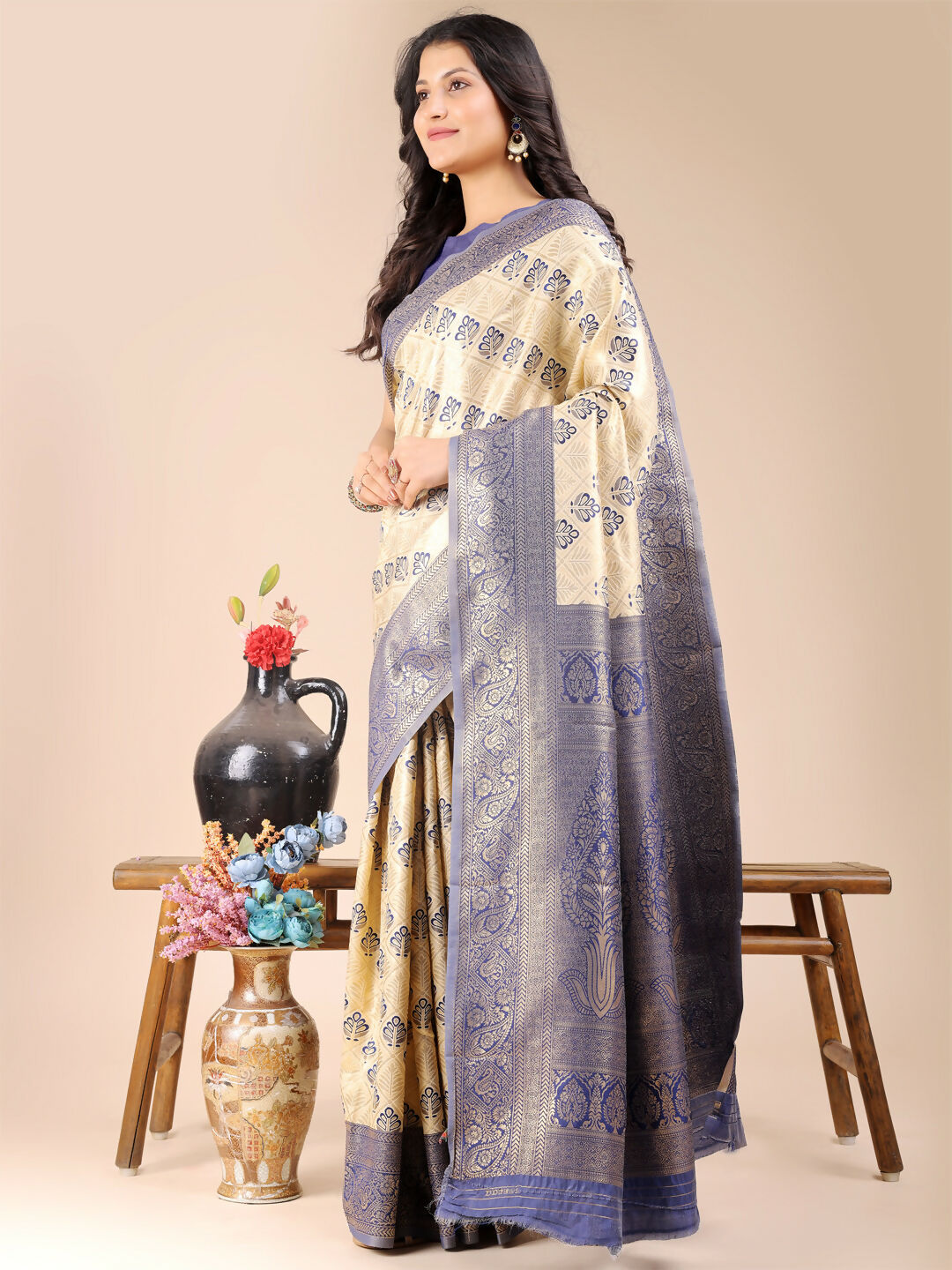 Astita Aura Silk Cream Navy Blue Banarasi Silk Saree | Swadesiicart