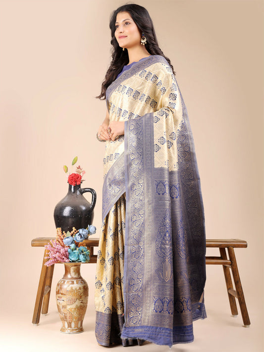 Astita Aura Silk Cream Navy Blue Banarasi Silk Saree | Swadesiicart