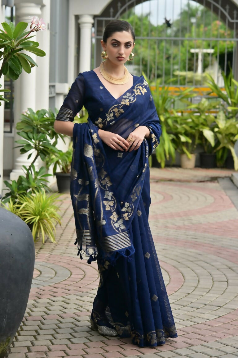 Vishnu Weaves Women's Blue Linen Silk Zari Weaving Saree with Blouse - Swadesiicart