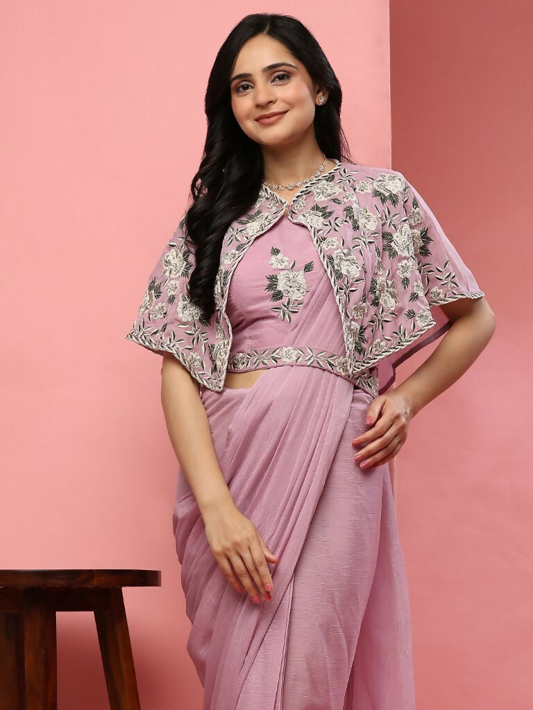 Pink Chiffon Solid Ready to wear Saree with stitched Blouse - Aayan | Swadesiicart