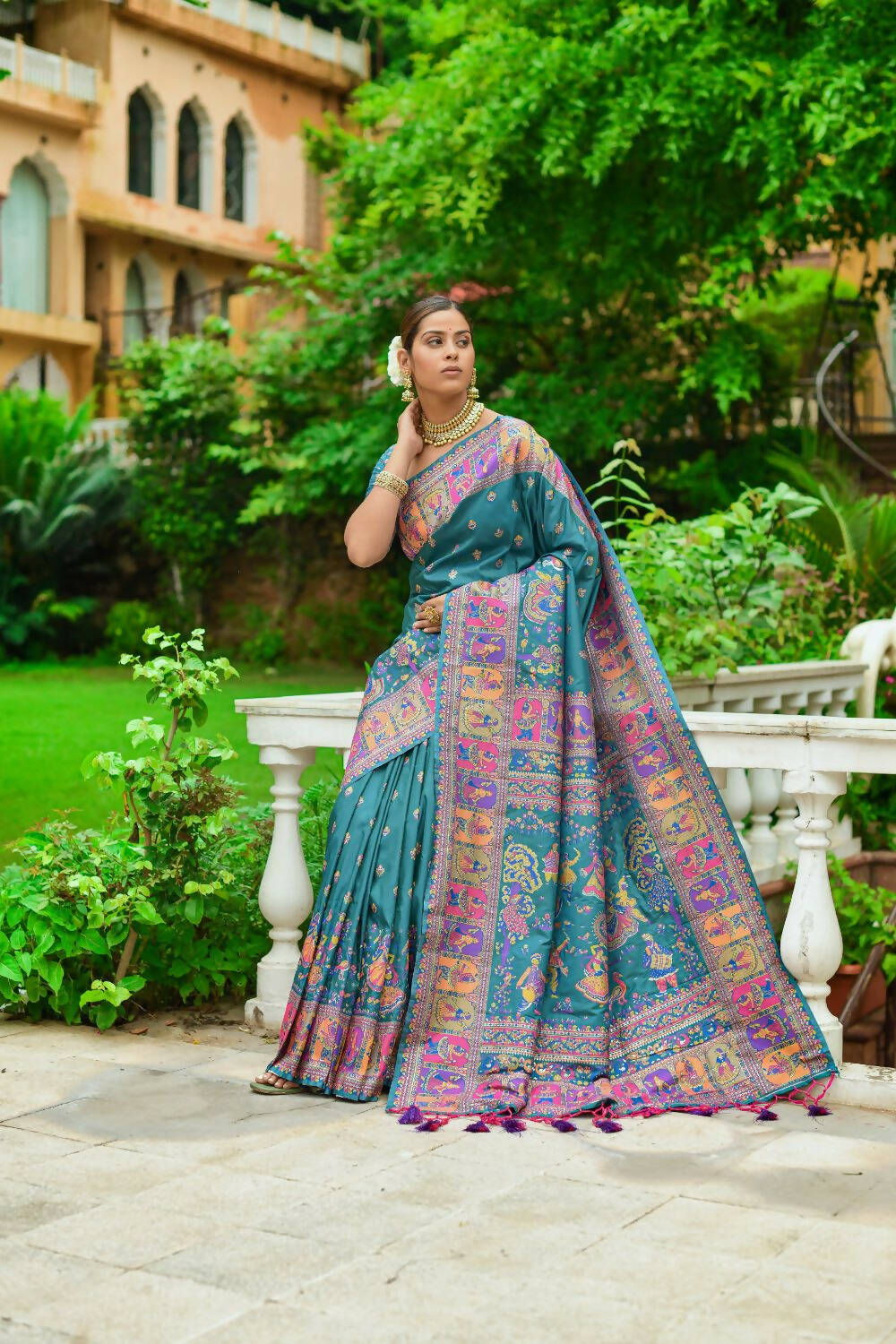 Vishnu Weaves Women's Rama Banarasi Silk Kashmiri Woven Saree with Blouse - Swadesiicart