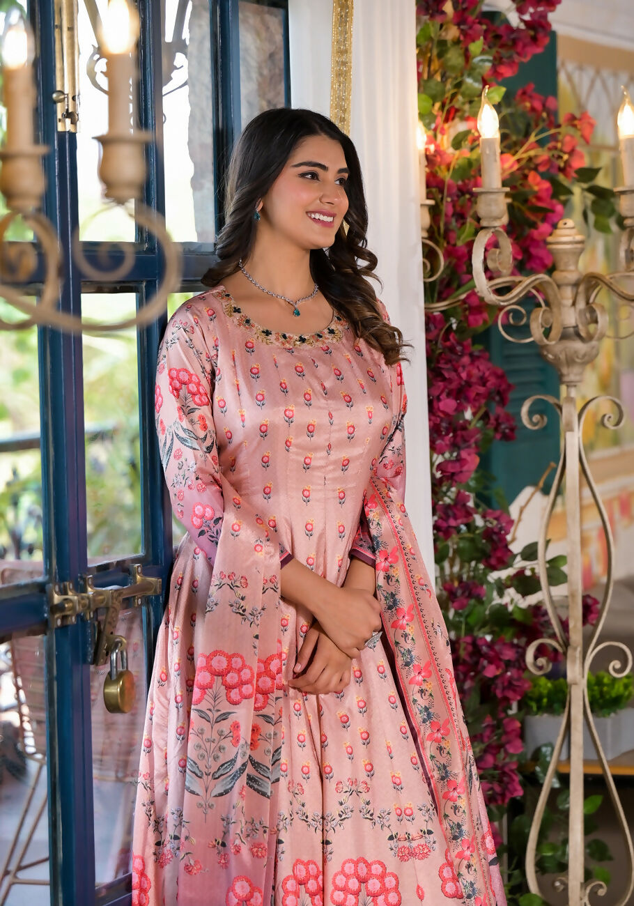 Partywear Designe rPeach Dola Silk Anarkali suit with Dupatta - Samyukta - Swadesiicart
