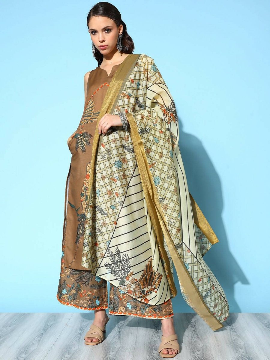 Ahalyaa Women's Brown Colour Cotton Blend Digital Printed Kurta Palazzo Set With Dupatta | Swadesiicart
