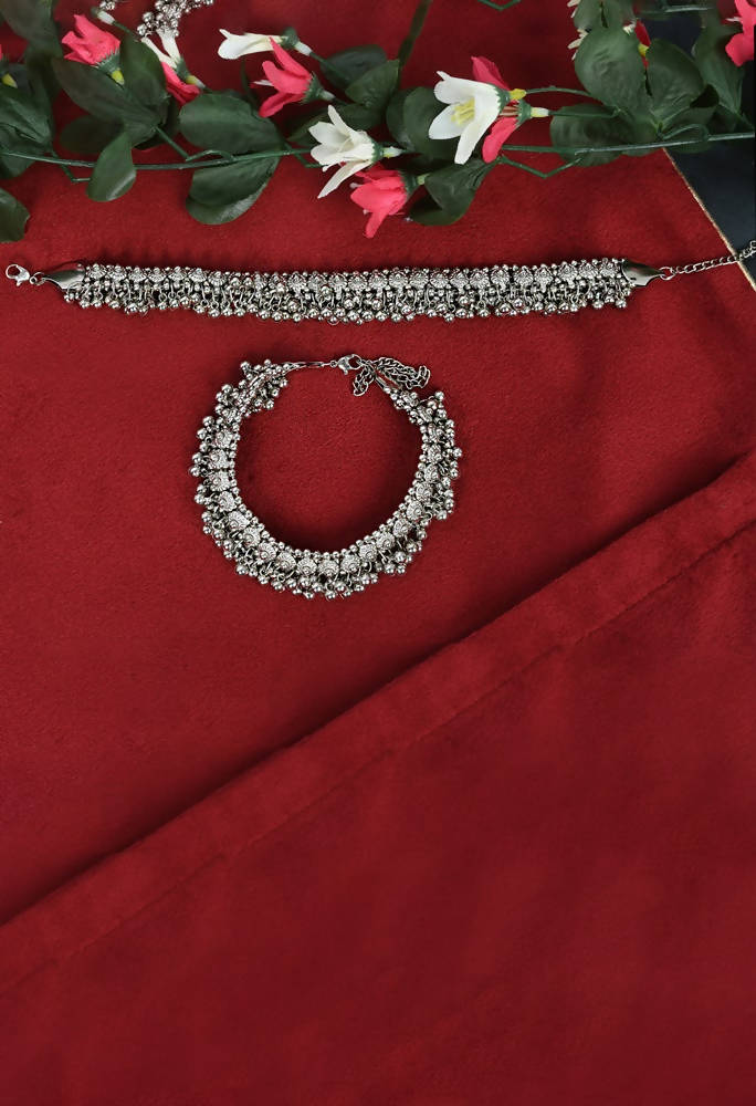 Mominos Fashion Kamal Johar Oxidised Heavy Silver Anklets | Swadesiicart