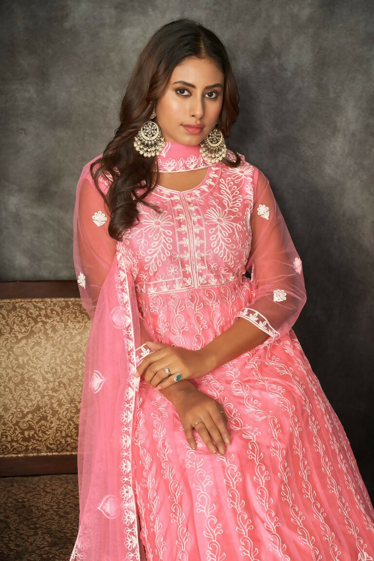 Jyoti Fashion Women's Baby Pink Net Embroidered Anarkali Kurta Pant Set With Dupatta | Swadesiicart