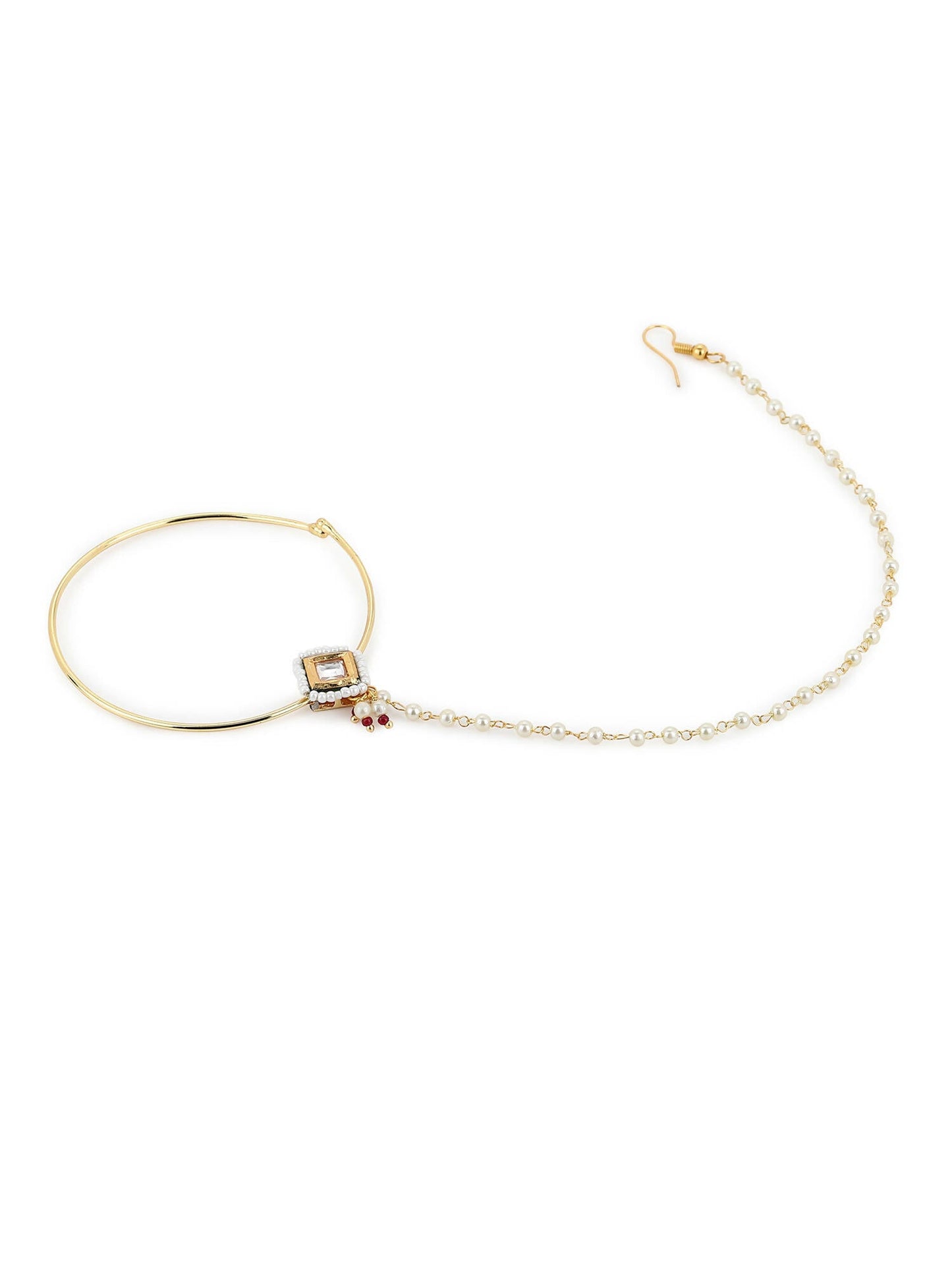 White Gold-Polished Kundan Studded Beaded Nosepin - Ruby Raang | Swadesiicart