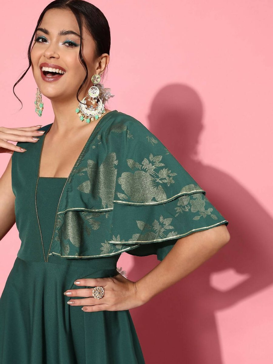 Ahalyaa Gorgeous Green Ethnic Motifs Ruffled Dress | Swadesiicart
