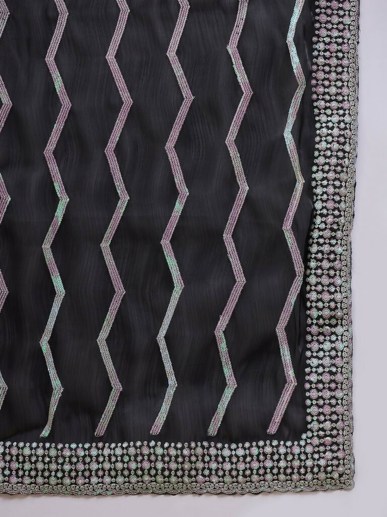 Black Tissue Slub Embroidered Saree with Unstitched Blouse - Vairagi