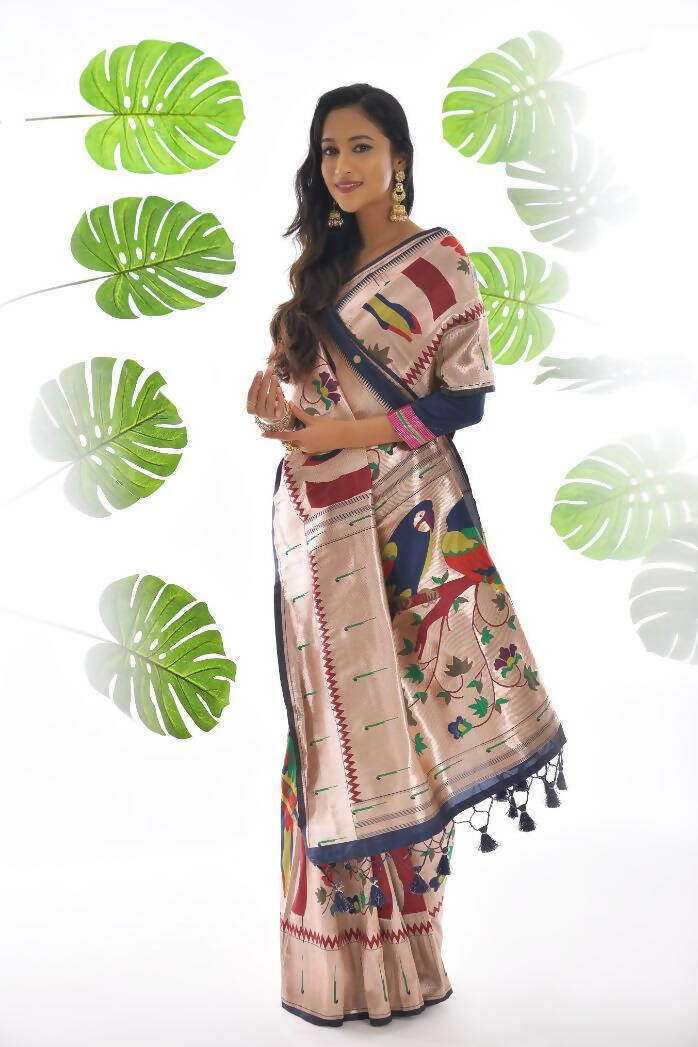 Vishnu Weaves Women's Blue Paithani Silk Zari Woven Saree with Unstitched Blouse - Swadesiicart