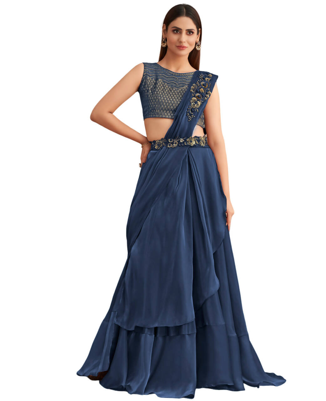 Navy Blue Satin Embroidered Ready To Wear Saree With Unstitched Blouse Piece - Nandika | Swadesiicart
