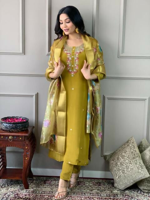 The52 Mustard Gorgeous Embroidered Viscose Chanderi Fabric Straight Kurta Pant with Dupatta Set - Swadesiicart