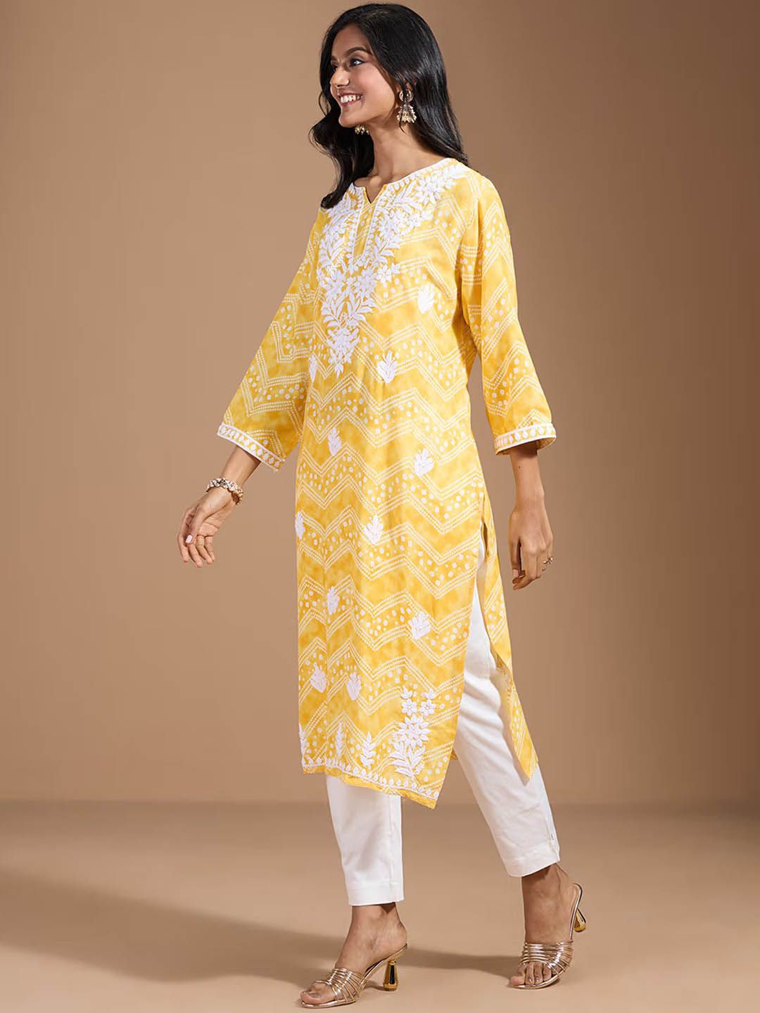 Ode by House of Pataudi Women Geometric Embroidered Flared Sleeves Chikankari Kurta | Swadesiicart