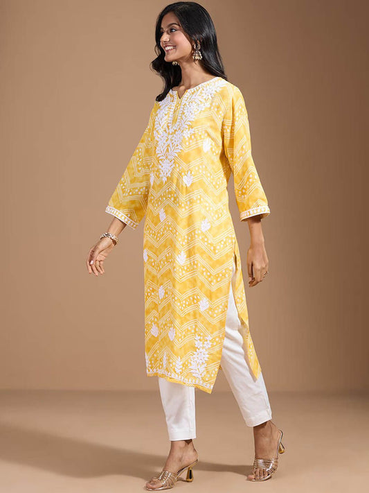 Ode by House of Pataudi Women Geometric Embroidered Flared Sleeves Chikankari Kurta | Swadesiicart
