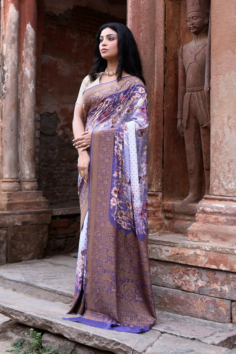 Joban Fashion Shade Of Orchid Crepe Chiffon Pure Handloom Banarasi Silk Saree | Swadesiicart