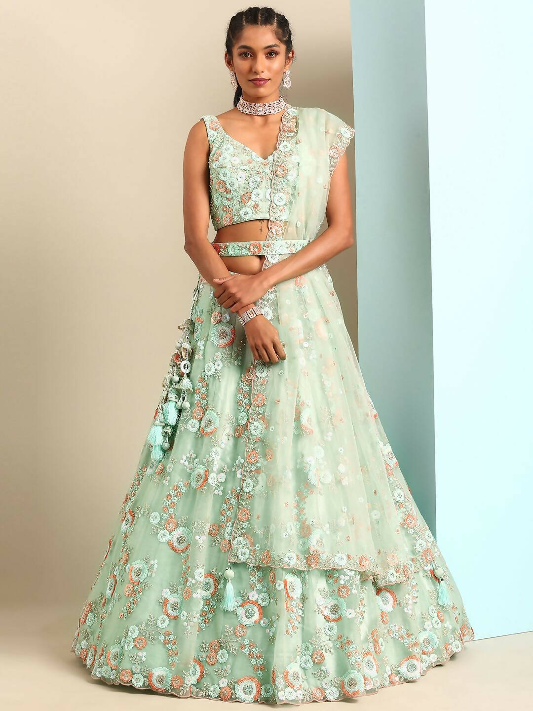 House of Panchhi Sea Green Net Sequins and Zarkan embroidery Lehenga choli & Dupatta | Swadesiicart