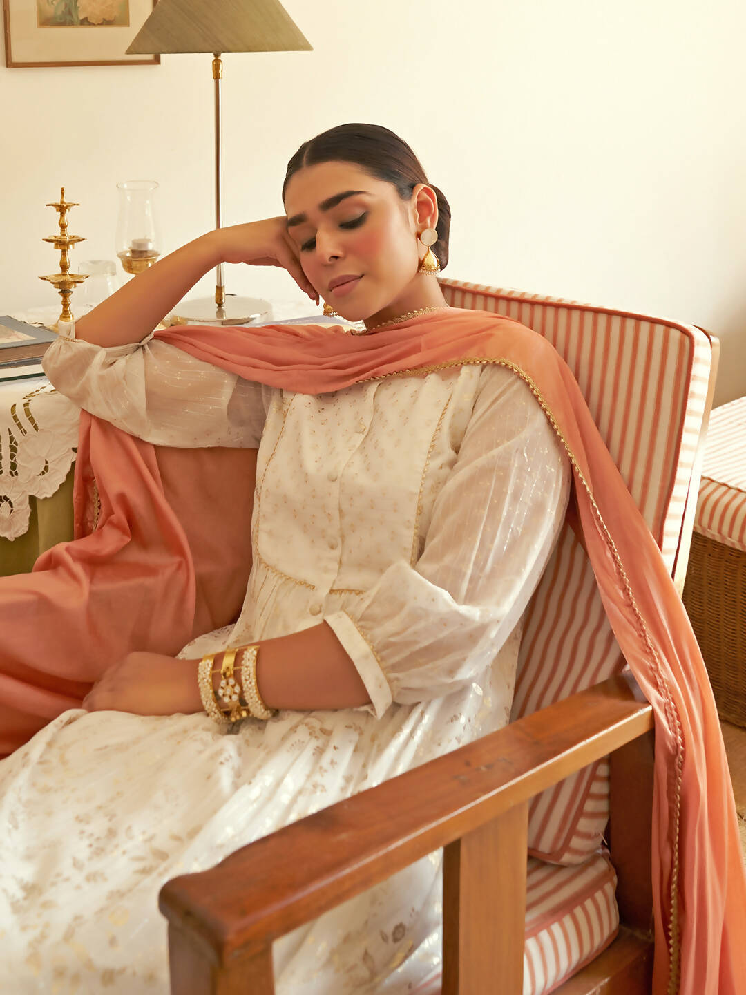 Janasya Women's White Chiffon Lurex Foil Printed Festive Flared Kurta Set | Swadesiicart