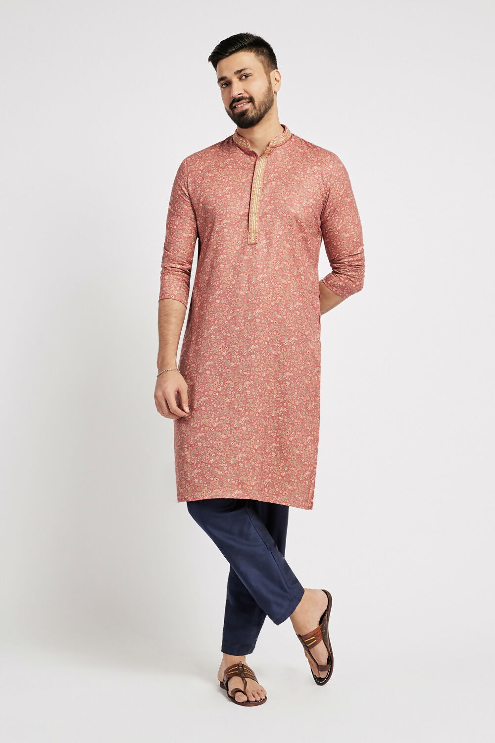 Ethnic India Pink Men's Kurta Floral Polyester | Swadesiicart