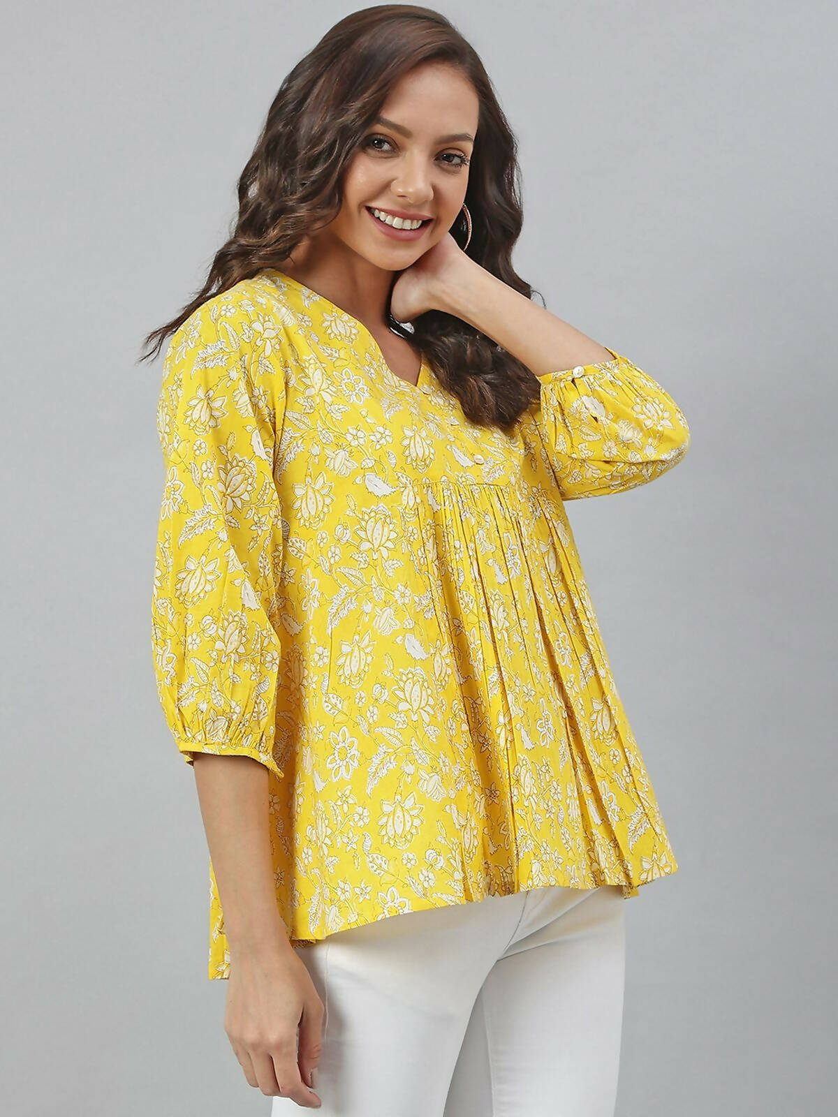 Janasya Women's Yellow Cotton Floral Print Flared Top | Swadesiicart