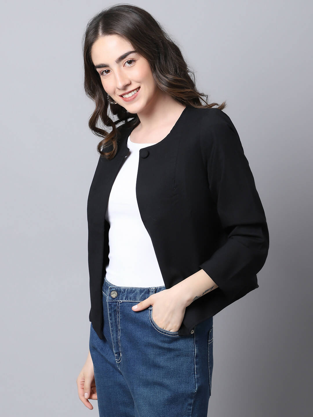 Even Apparels Black Linen Cotton Open Front Statement Women's Jacket | Swadesiicart