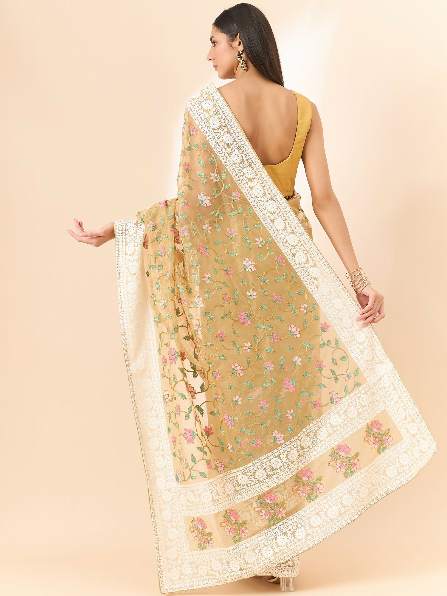 Beige Organza Floral Embroidered Saree with Unstitched Blouse Piece - Roozal