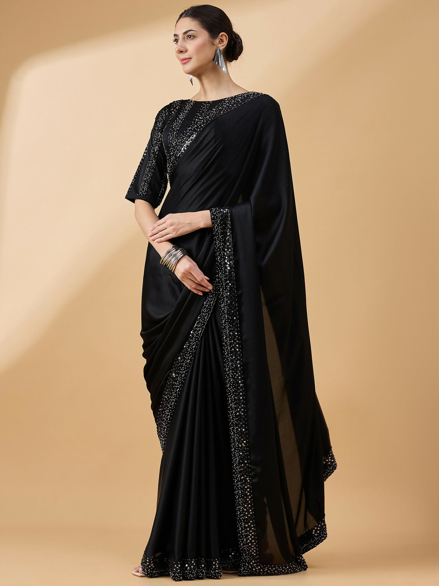 Black Satin Solid Sequence Work Saree with Stitched Blouse - Dharavi