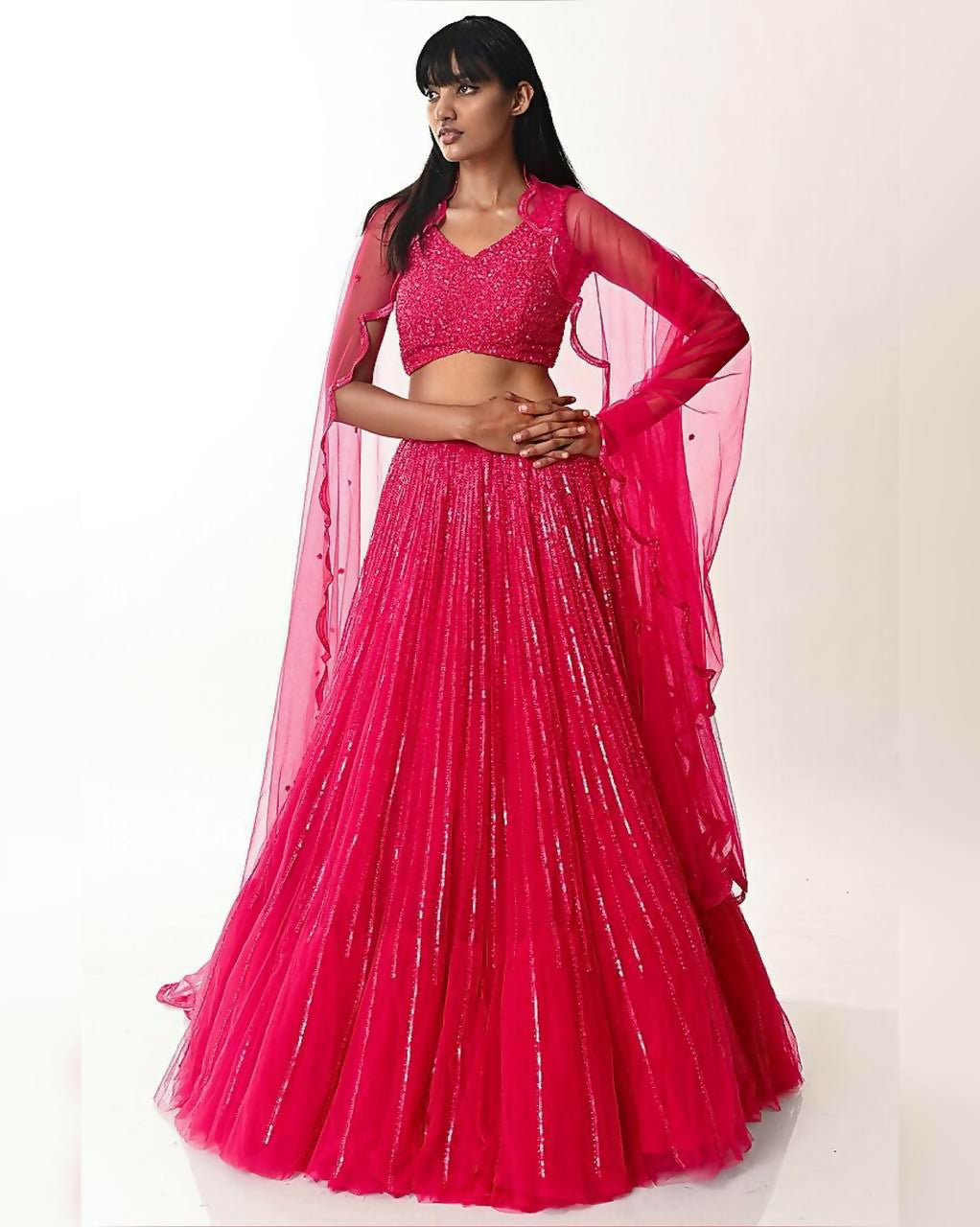 Jyoti Fashion Women's Rani Pink Double Layer Net Sequins Designer Lehenga Choli Set | Swadesiicart
