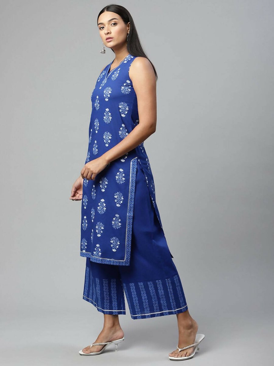 Ahalyaa Womens Indigo Blue Pure Cotton Printed Kurta Palazzo Set | Swadesiicart