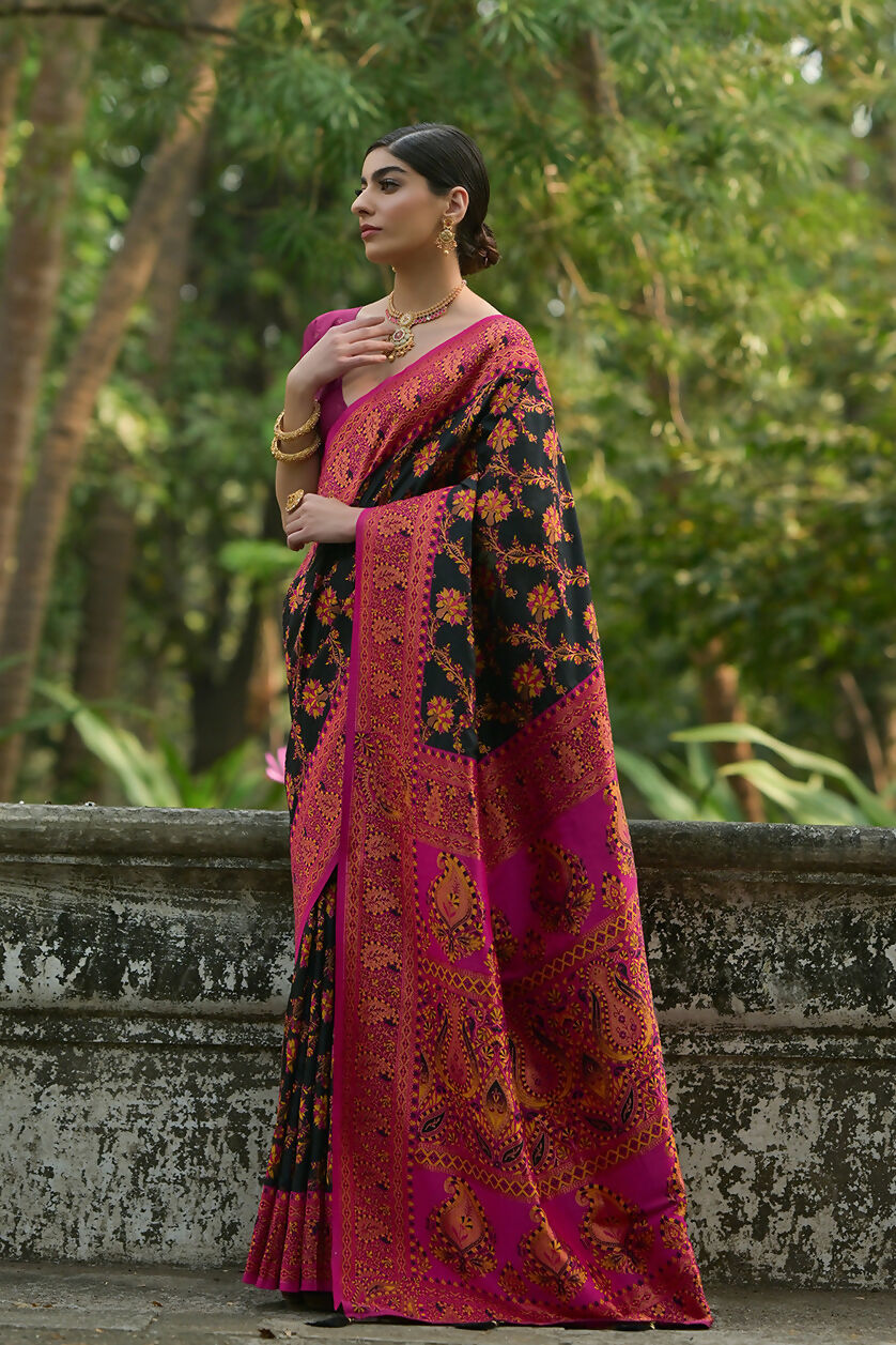 Vishnu Weaves Women's Black Pashmina Silk Thread Woven Saree with Blouse - Swadesiicart