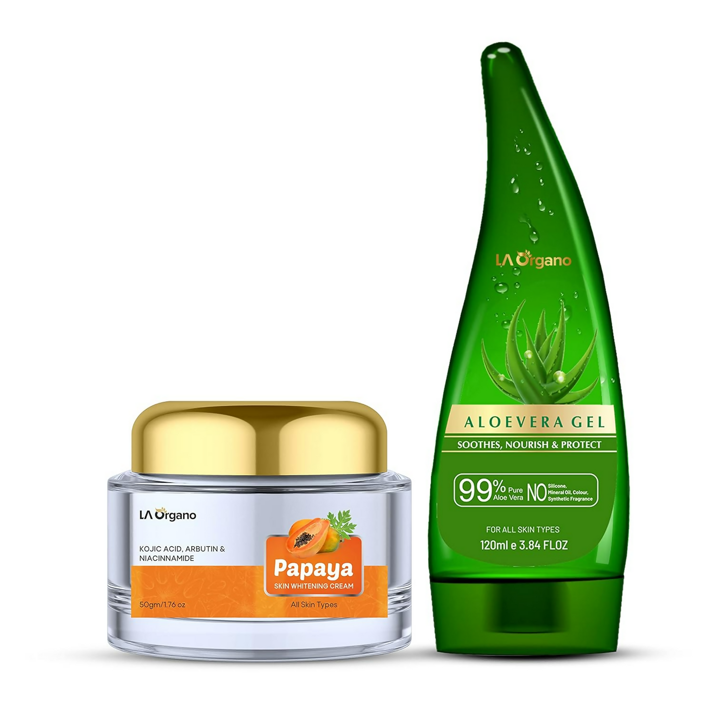 LA Organo Aloe Vera Gel for Face & Hair Moisturization and Papaya Skin Whitening Cream Combo | Swadesiicart