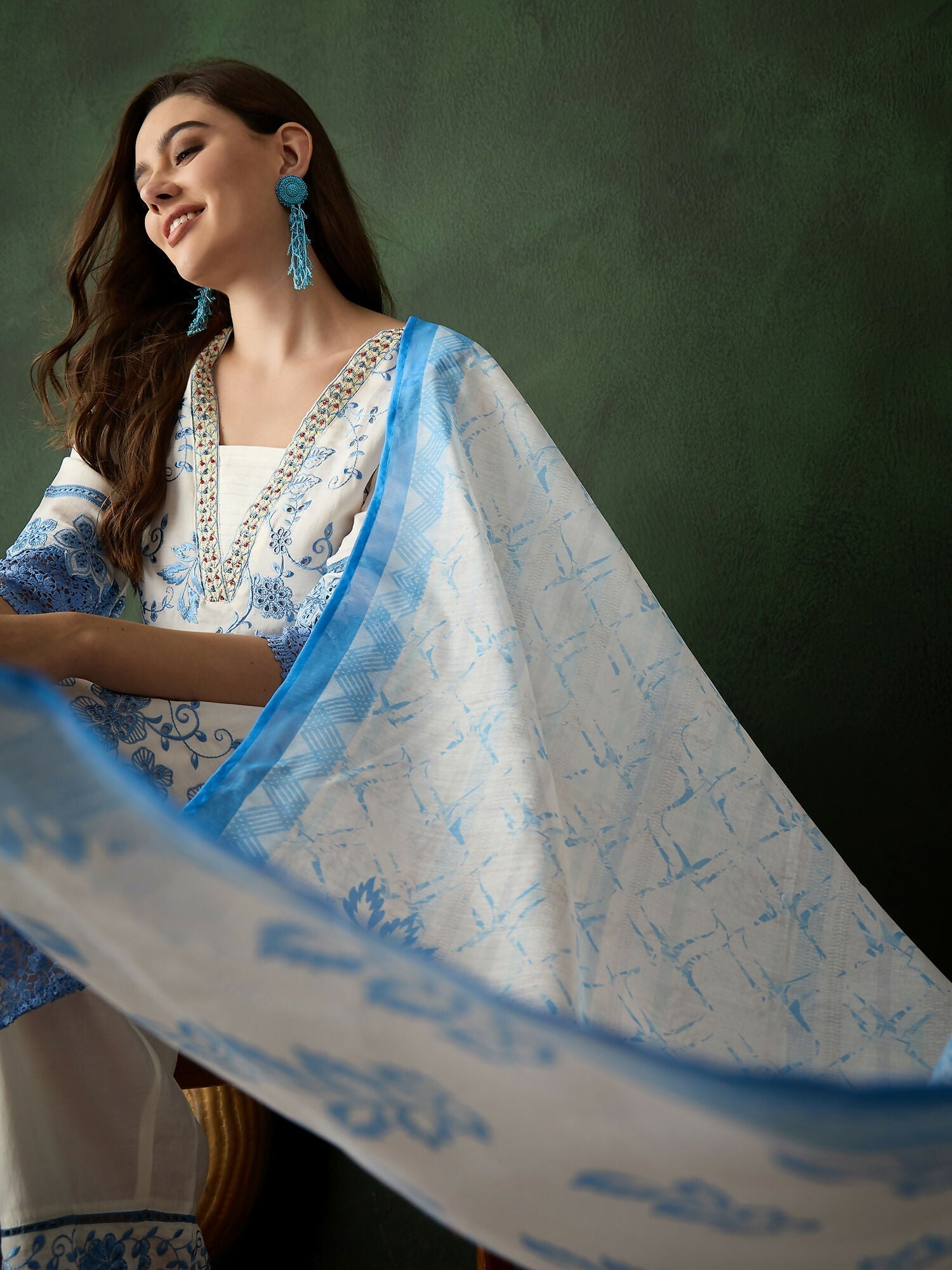 Blue & White Roman Silk Embroidered Kurta With Trouser & Dupatta - Bhumi