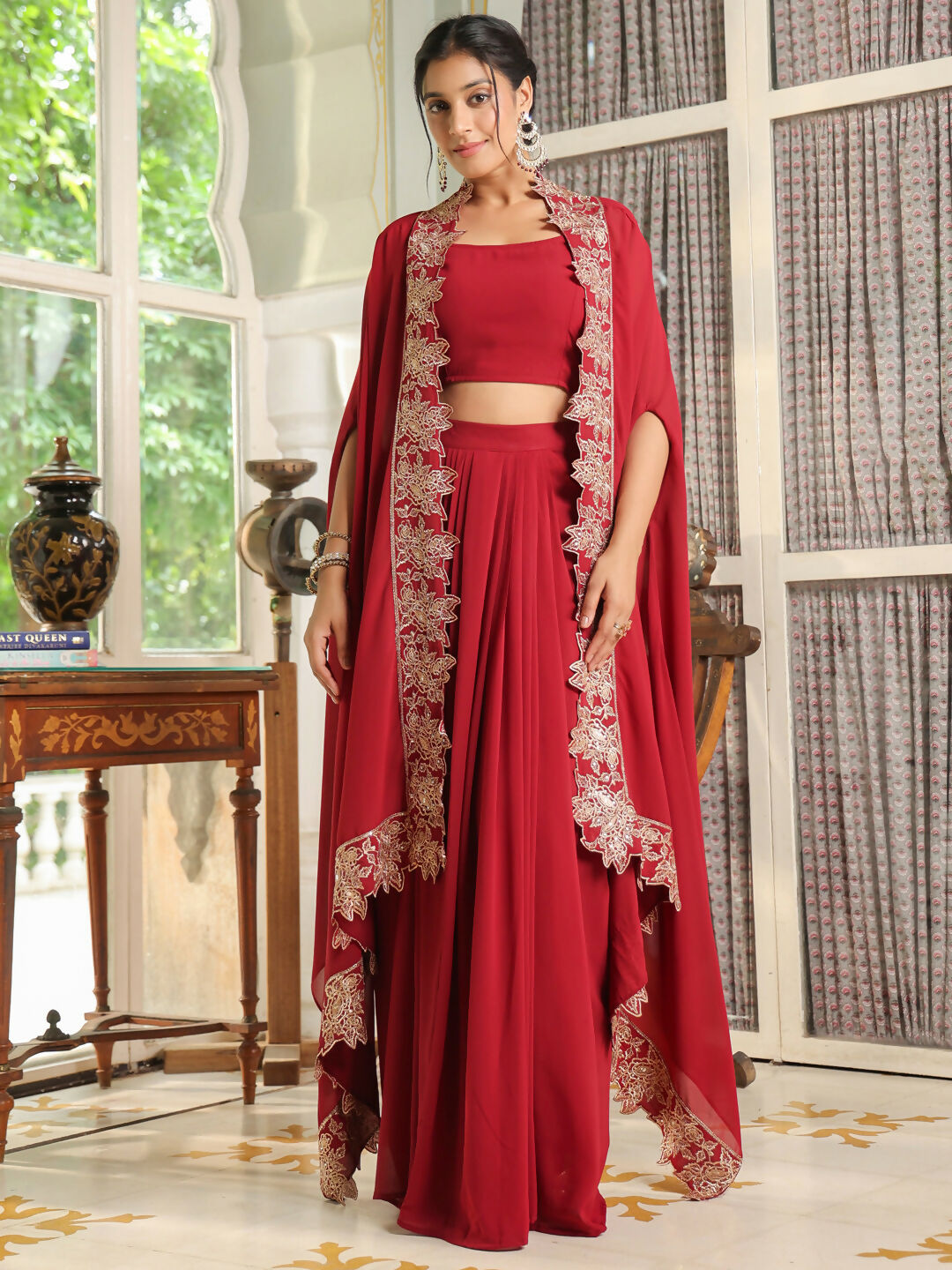Janasya Maroon Georgette Solid Top Bottom Cape | Swadesiicart