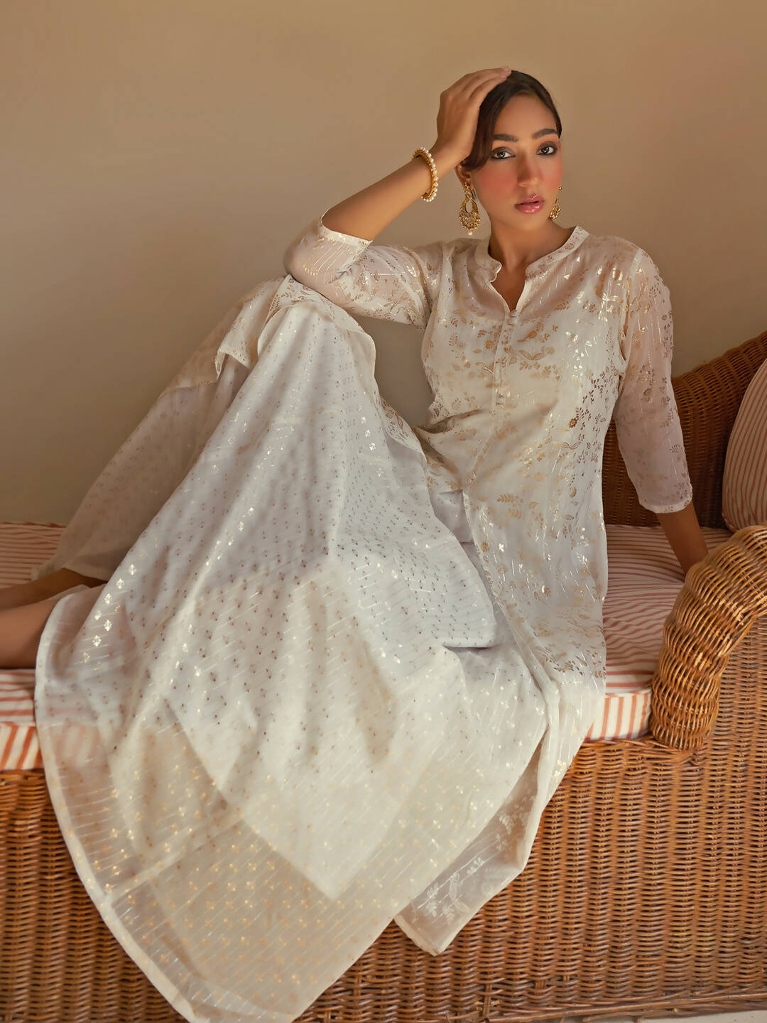 Janasya Women's White Chiffon Lurex Foil Printed Festive Flared Kurta Set | Swadesiicart