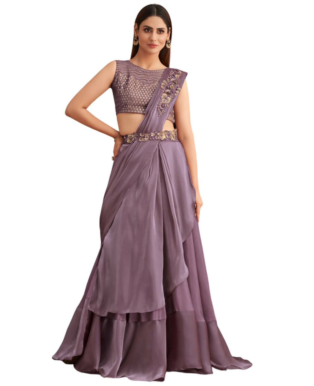 Purple Satin Embroidered Ready To Wear Saree With Unstitched Blouse Piece - Nandika | Swadesiicart