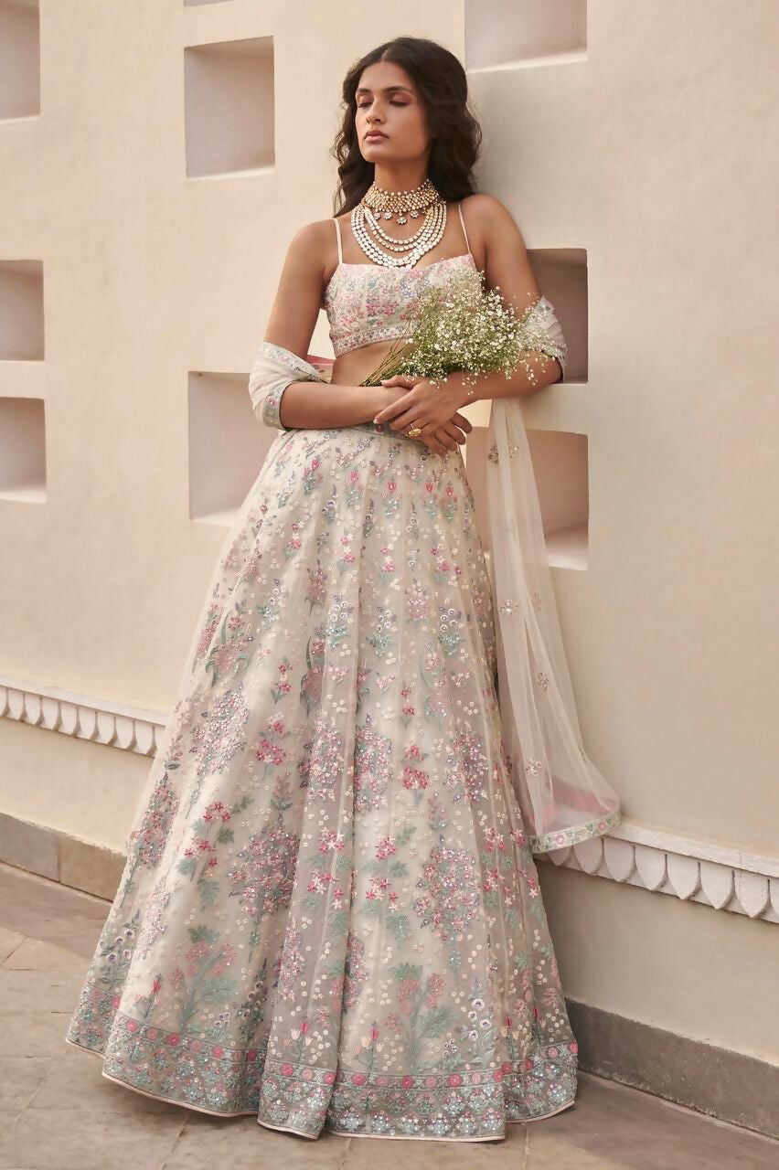 Jyoti Fashion Cream Thread Embroidery Georgette Designer Lehenga Choli with Dupatta | Swadesiicart