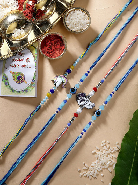 NVR Kids Set of 4 Multicolor Evil Eye & Artificial stone and beads Rakhi With Roli Chawal & Chocolate | Swadesiicart