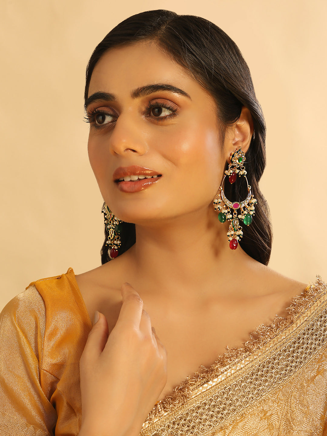 Nuyug 22K Gold Plated Crescent Kundan Drop Green Stone Chandbali Earrings | Swadesiicart