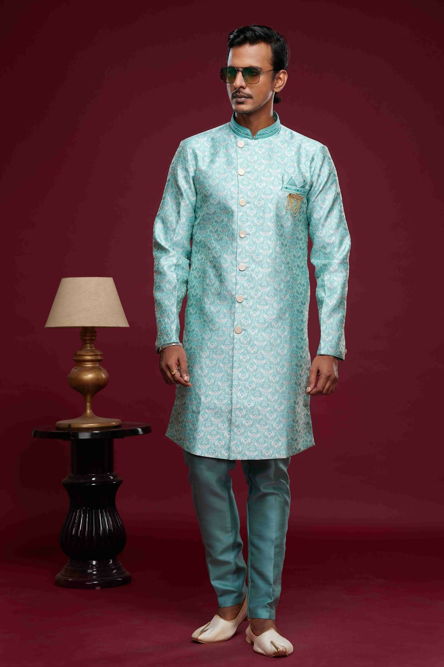 Raivat Ethnic Banarasi Jacquard Embroidery Semi Indo Western Sherwani In Sky Blue Colour | Swadesiicart