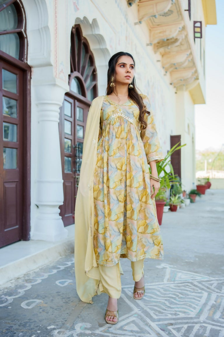 Vaasva Women Yellow Muslin Embroidered Kurta, Pant & Dupatta Set | Swadesiicart