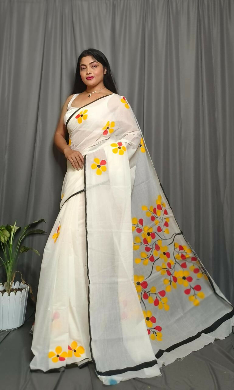 Exclusive Collection Beautiful White Yellow Pure Cotton Hand Print Handloom Saree With Running Blouse Piece - Swadesiicart
