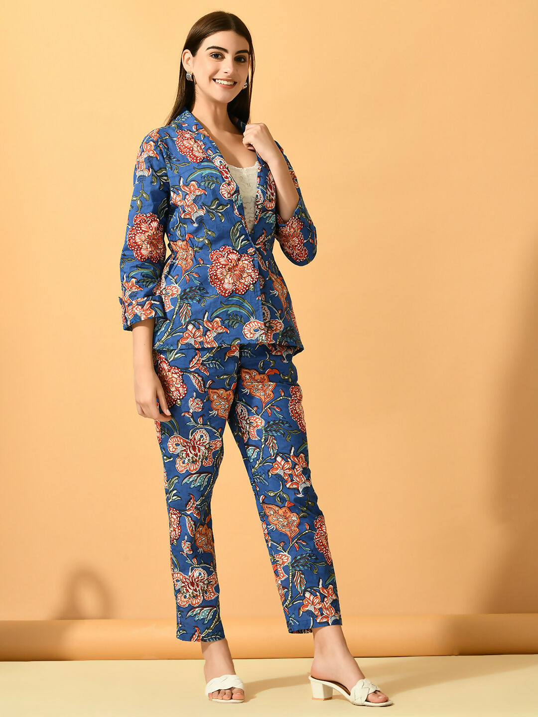 Myshka Women's Blue Printed Coat With Trousers - Swadesiicart