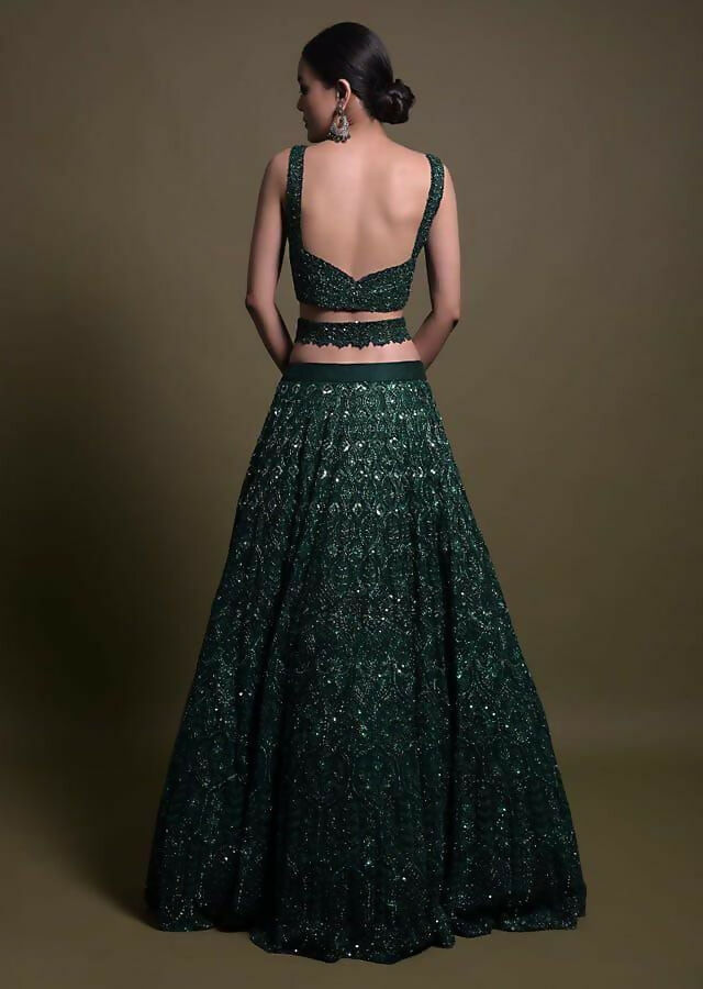 Jyoti Fashion Women's Dark Green Net Sequins with Dori & Thread Embroidered Designer Lehenga Choli Set | Swadesiicart