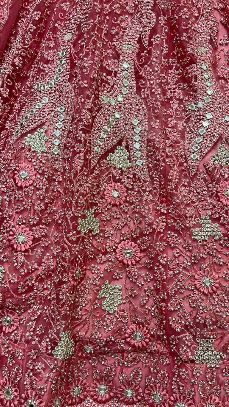 Jyoti Fashion Women's Pink Bridal Net Fancy Dori, Multi Thread, Hand Mirror and Diamond Work Wedding Lehenga Choli | Swadesiicart