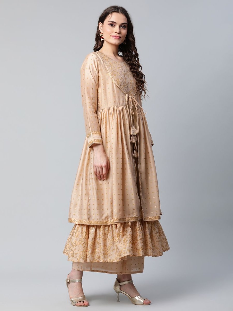 Ahalyaa Womens Beige Chanderi Kurta Palazzo Set with Dupatta | Swadesiicart