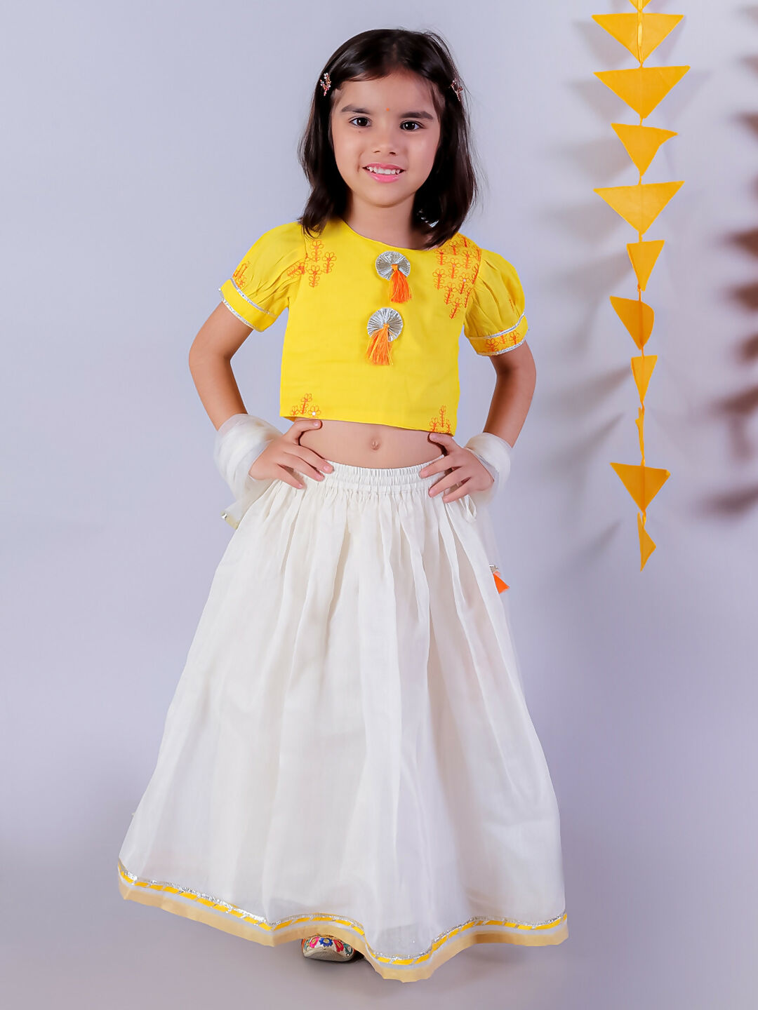 Lil Drama Festive Girls White Lehanga and Yellow Choli with Dupatta Ethnic Set | Swadesiicart